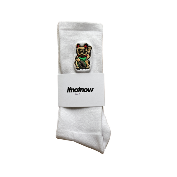 Lucky cat Embroidered Crew Sock - White