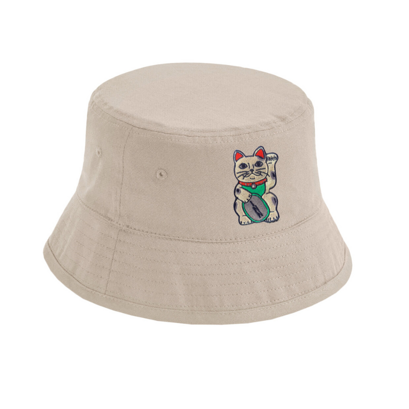 SAND LUCKY CAT EMBROIDERY BUCKET HAT